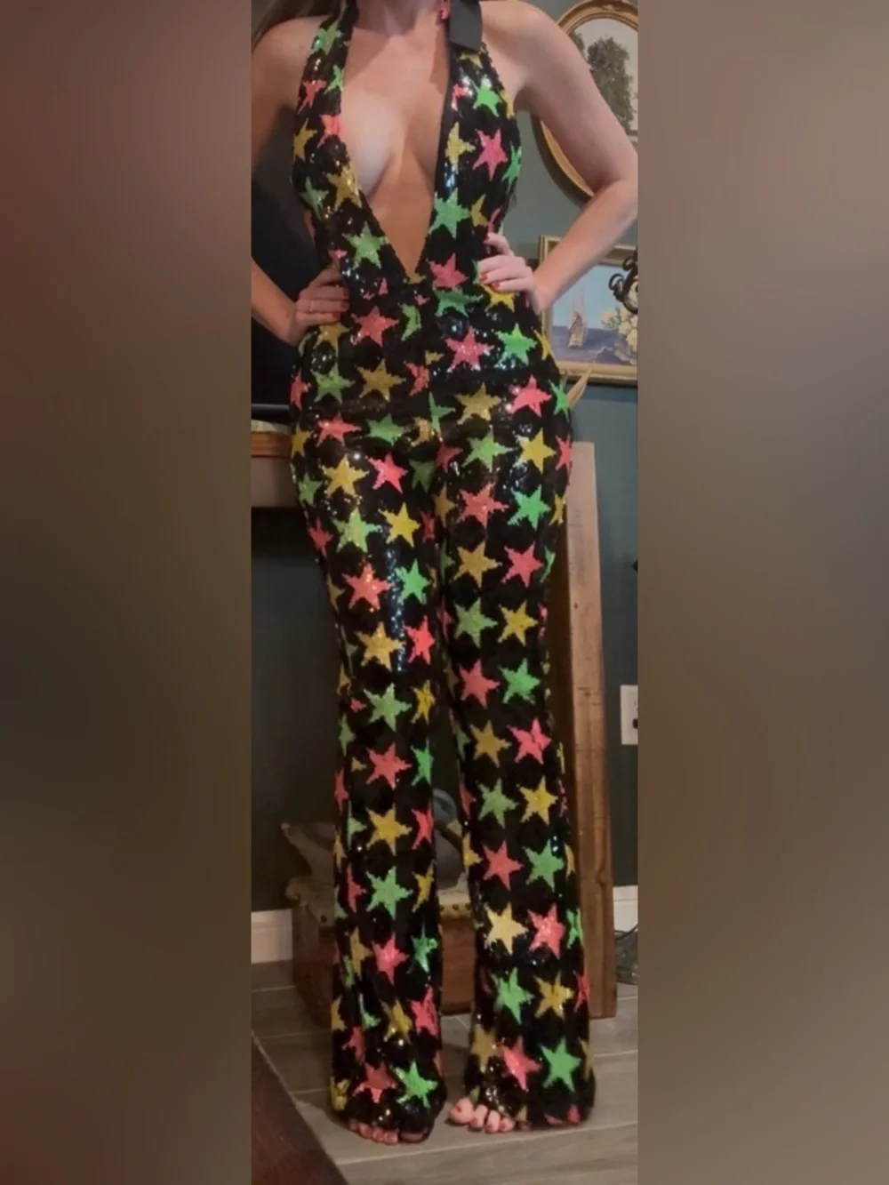 Nasty Gal Black Sequin Star Halter Jumpsuit with Neon Stars - Picture 2 of 7
